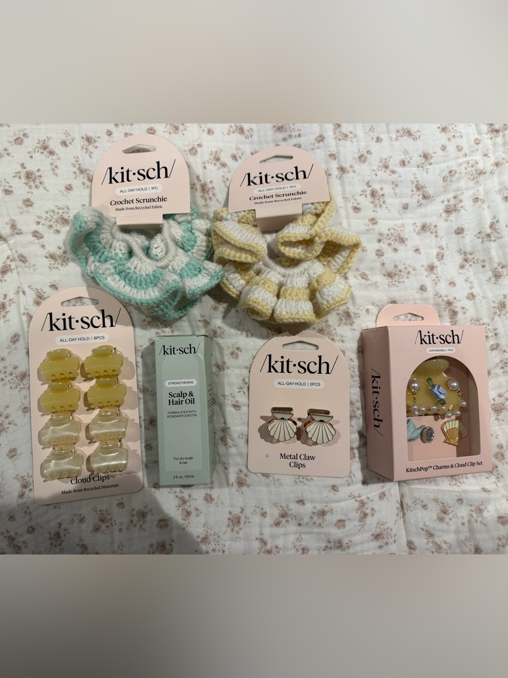 Kitsch Yellow & Mint Kids Crochet Scrunchies and Hair Clips 6 piece  Set